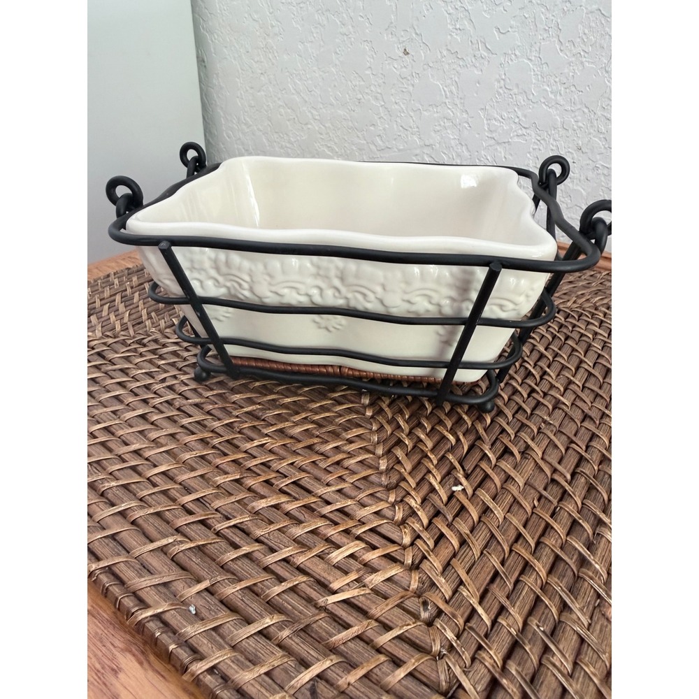 Temp-tations by Tara Ceramic Baker with Black Metal Wire Wicker Rack Cream White